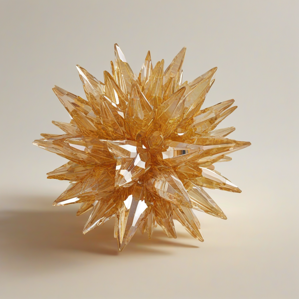 A large, intricate crystal formation, with a warm, golden amber color, in a wide shot, full-body view, with a plain white background, and a sense of depth and dimensionality, in a concept art style, with bold lines and vibrant colors, and a sense of luminosity and glow