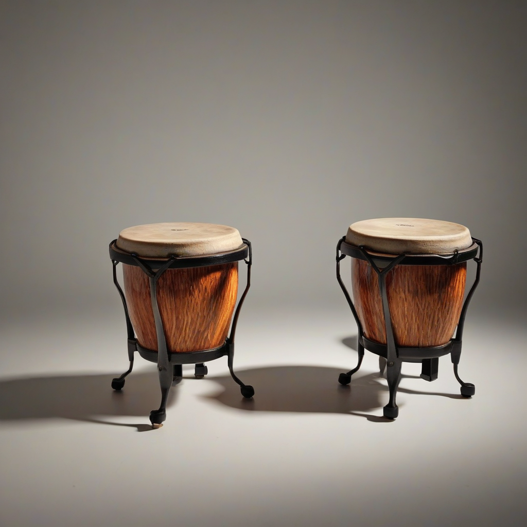 A pair of bongos, full-body view, on a plain white background, with a wide shot, vibrant colors, and dynamic shadows, in a digital art style with a mix of realism and subtle texture, feet and base of the bongos visible, with a soft, warm lighting and a slight glow effect, on a plain white background, even lighting 
