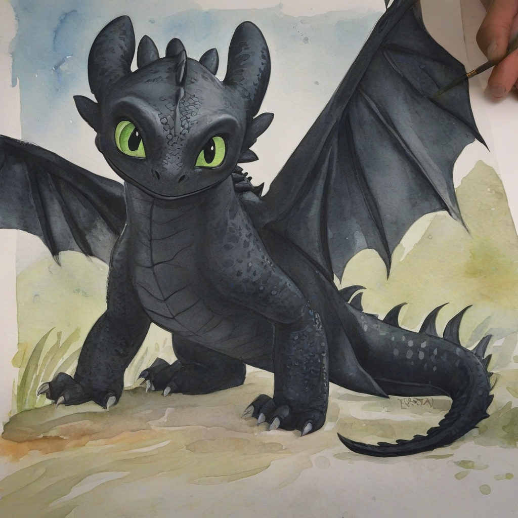 Watercolor of Toothless the night fury from How to train your dragon
