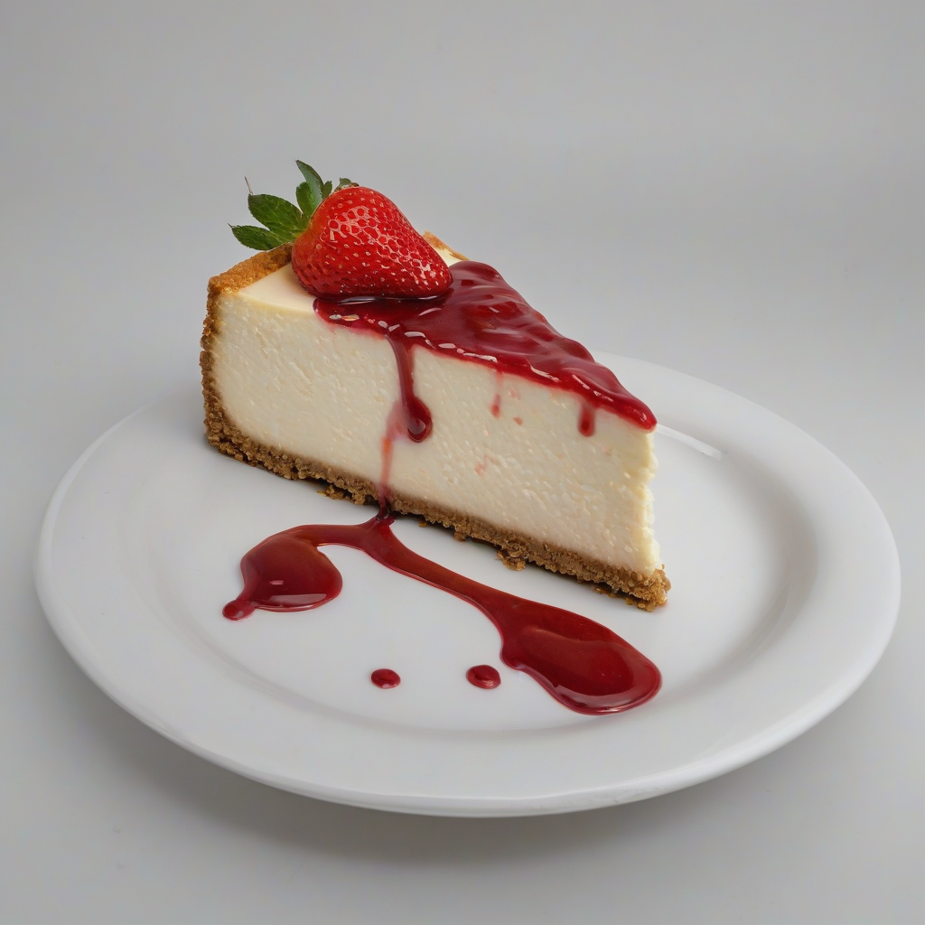 A slice of creamy cheesecake with a graham cracker crust, topped with a generous helping of sweet and tangy strawberry sauce dripping down the sides, on a plain white background, full-body view, wide shot, with the cheesecake as the main focus, in a photorealistic style, with soft natural lighting and subtle shadows, on a plain white background, even lighting 