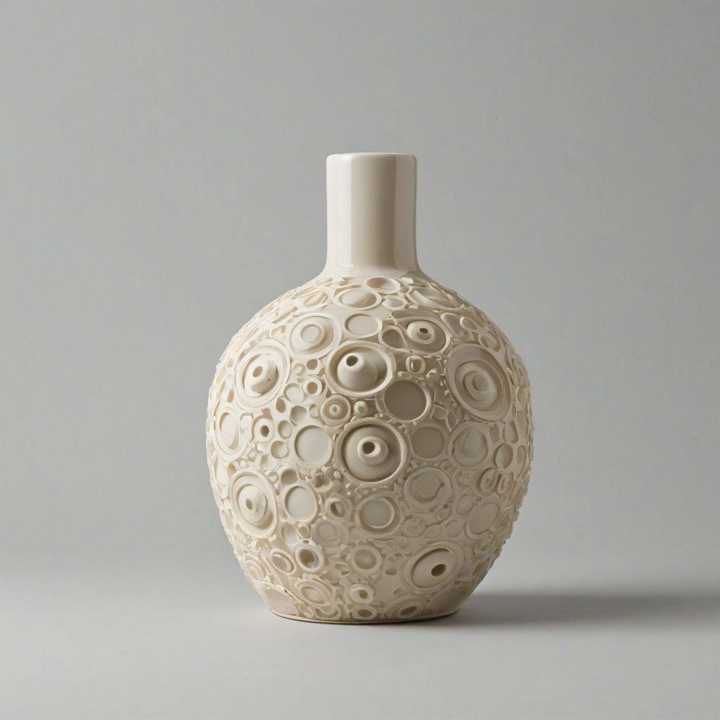 a light beige vase with a wide bottom and narrow bottle neck top, featuring a circular infill design in a repeating pattern of interlocking gears on a plain white background with even lighting