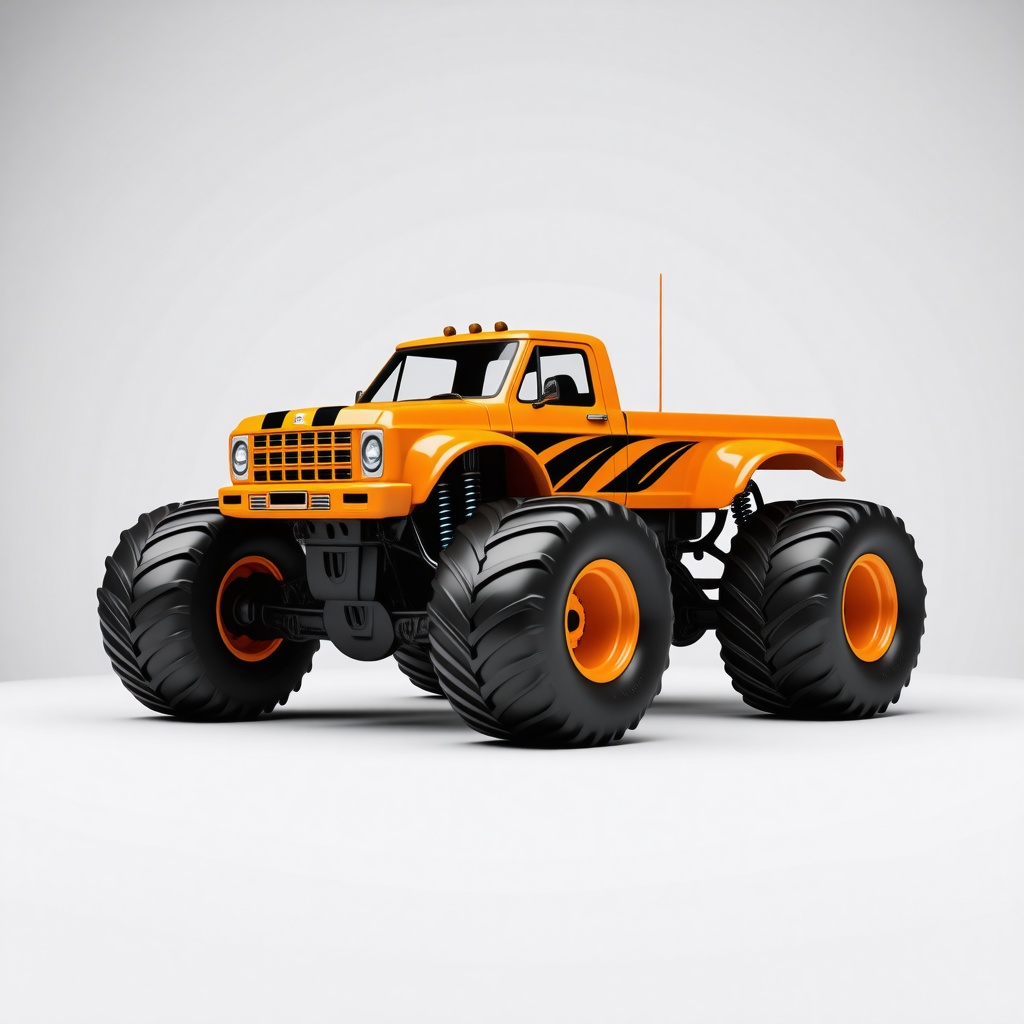 orange monster truck with black racing stripes