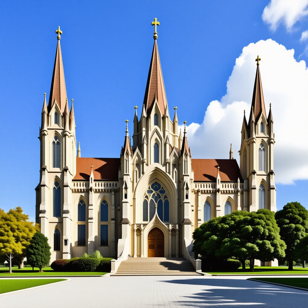 A beautiful, historic Catholic church with high steeples, intricate stone carvings, and stunning stained glass windows, set against a clear blue sky with a few white clouds, in a wide shot with the entire building visible, including the surrounding grounds and a plain white background