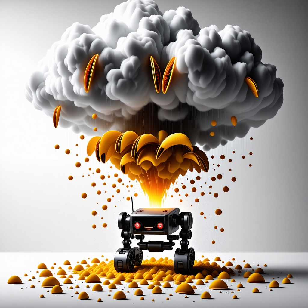 A large storm cloud racing down dozens of tiny tacos onto a small, happy robot