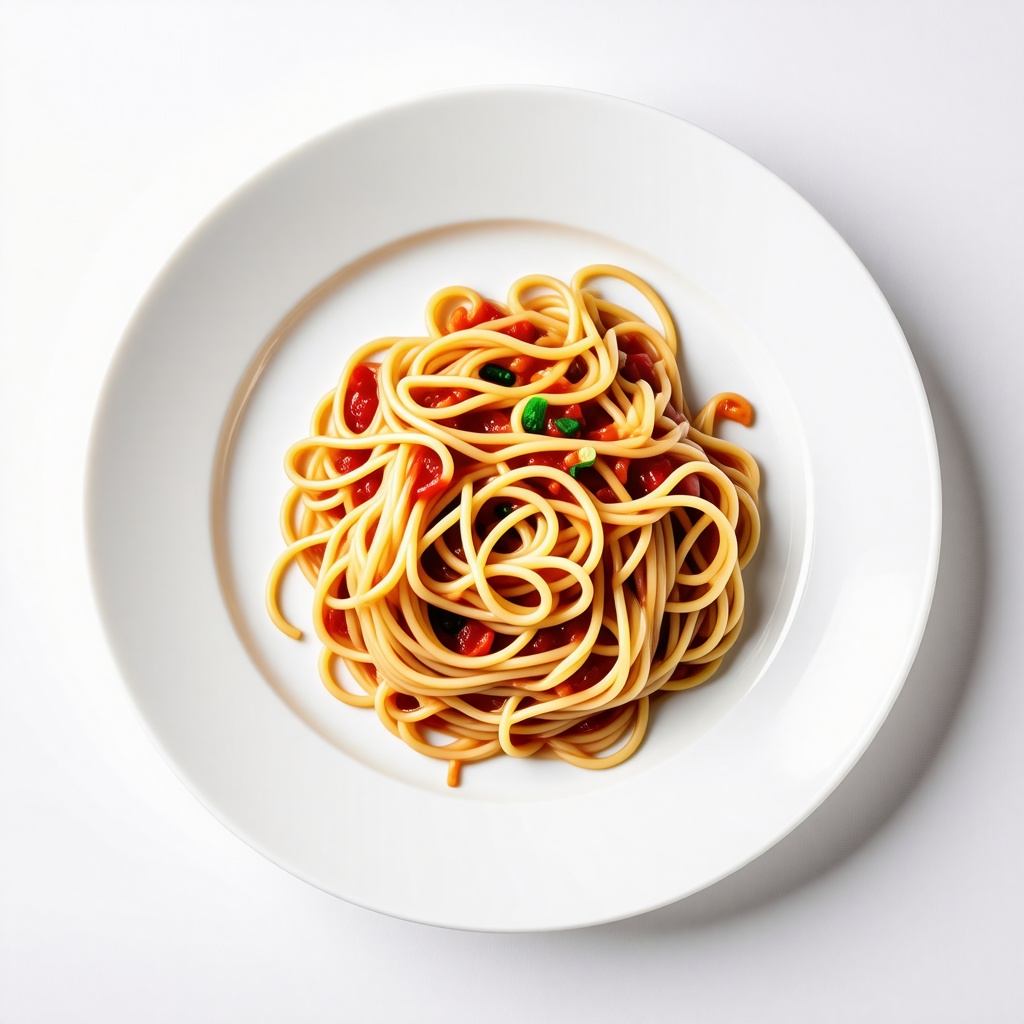 A big glass, white plate, covered in spaghetti