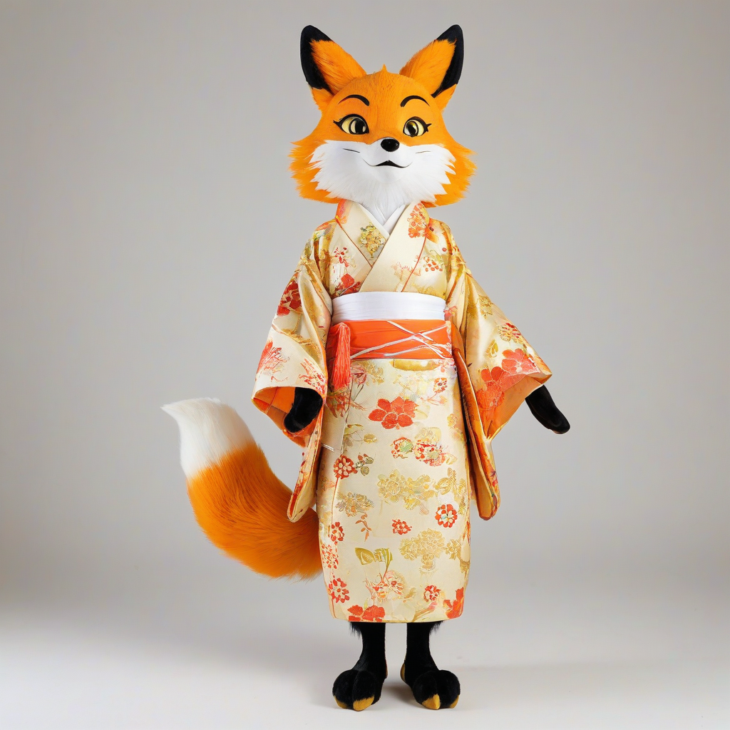 A full-body view of a colorful, anthropomorphic anime-style fox with vibrant orange fur and piercing yellow eyes, wearing a traditional Japanese kimono, standing on a plain white background, with a wide-angle shot and soft, warm lighting