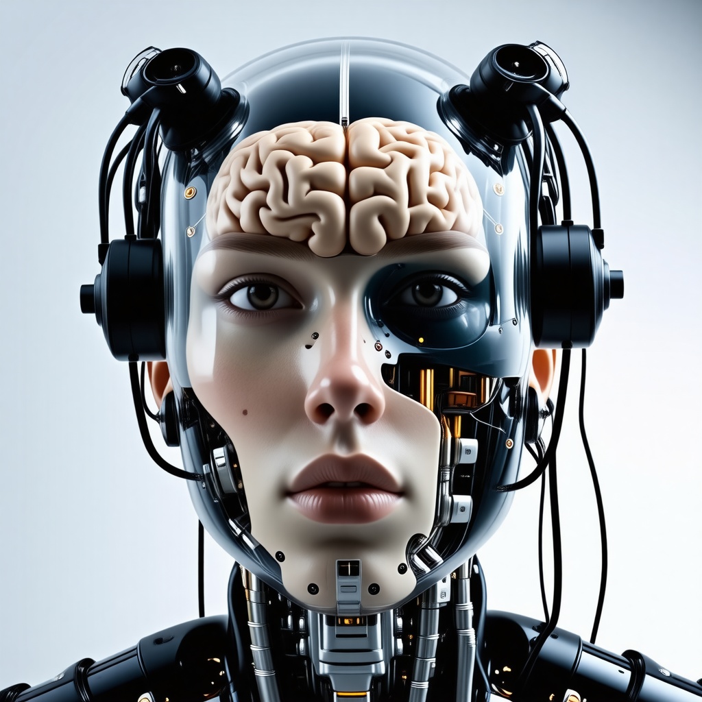 A humanoid cyberpunk style robot with clear glass for a face, displaying a human brain hooked up to several wires inside the robot's face