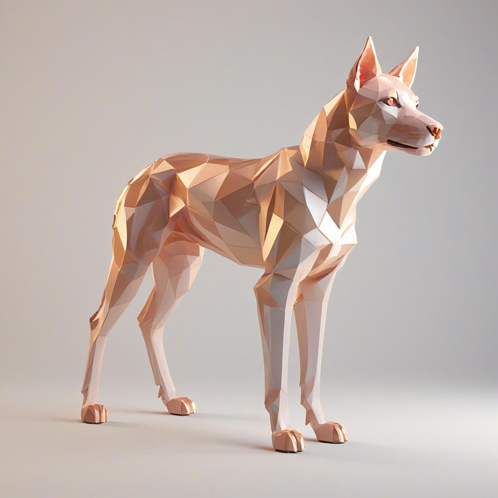 A low poly, full-body view of a quadruped named Rose, with a rose-gold metallic sheen to her fur, standing on a plain white background, with soft, warm lighting and a slight gradient to give her a gentle, ethereal glow, in a digital art style with clean lines and minimal textures, with her legs and body positioned in a relaxed, natural stance, and her eyes shining with a bright, curious expression, with a wide-angle shot to capture her entire body and surroundings, on a plain white background, even lighting