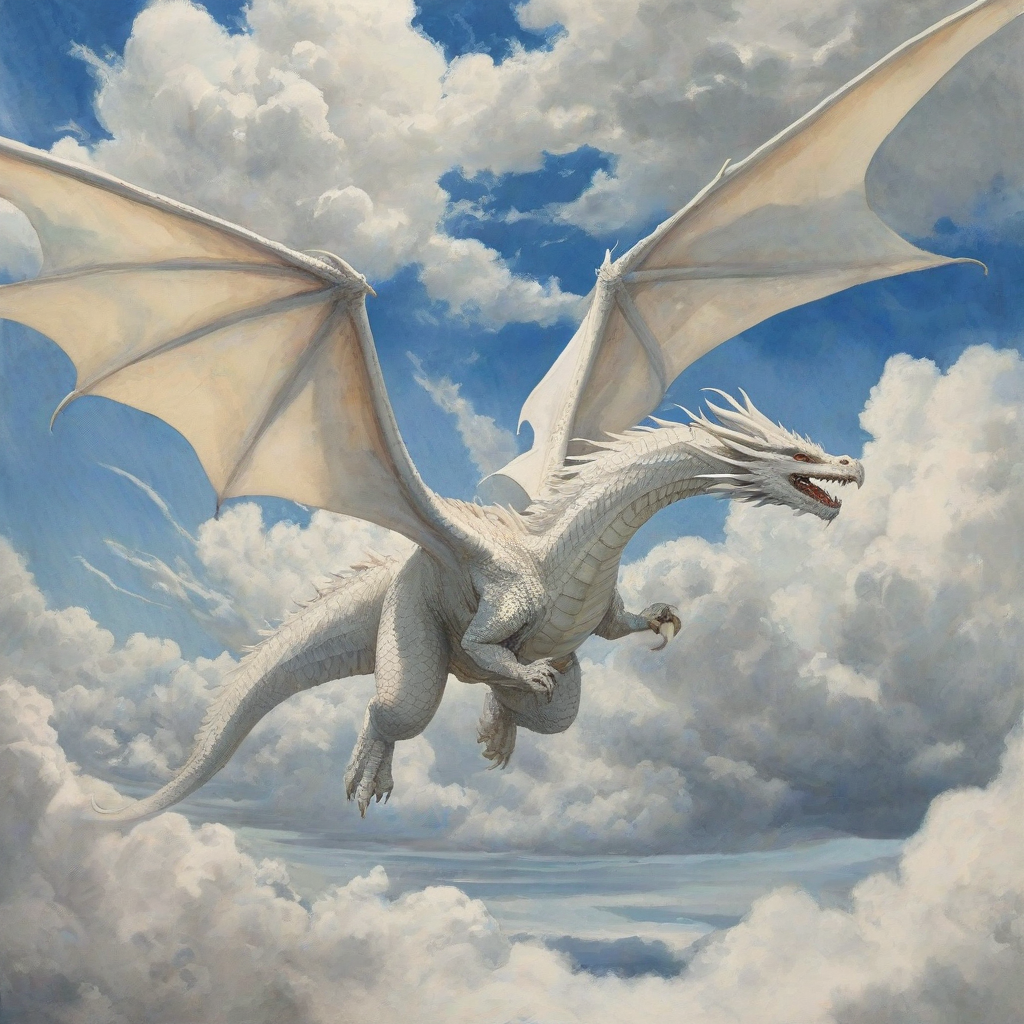 Watercolor of a large beautiful white dragon flying in the large, open blue sky, with fluffy white clouds