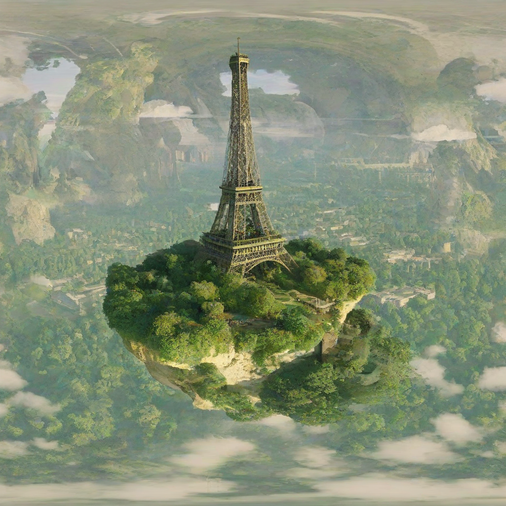 A vibrant, floating island of an overgrown and abandoned Eiffel Tower and a few French buildings with a wide shot, full-body view, set against a plain white background, with a soft, dreamy, vaporwave aesthetic, featuring lush green trees, and a few puffy white clouds, with a warm, golden light, and a sense of depth, and dimensionality, with a mix of digital painting and 3D art styles, on a plain white background, even lighting