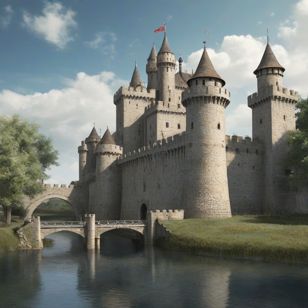 A medieval castle with stone walls and towers, surrounded by a moat, with a draw bridge, on a plain white background, in a wide shot with the entire castle visible, with a blue sky and fluffy white clouds, in the style of a digital painting, on a plain white background, even lighting 