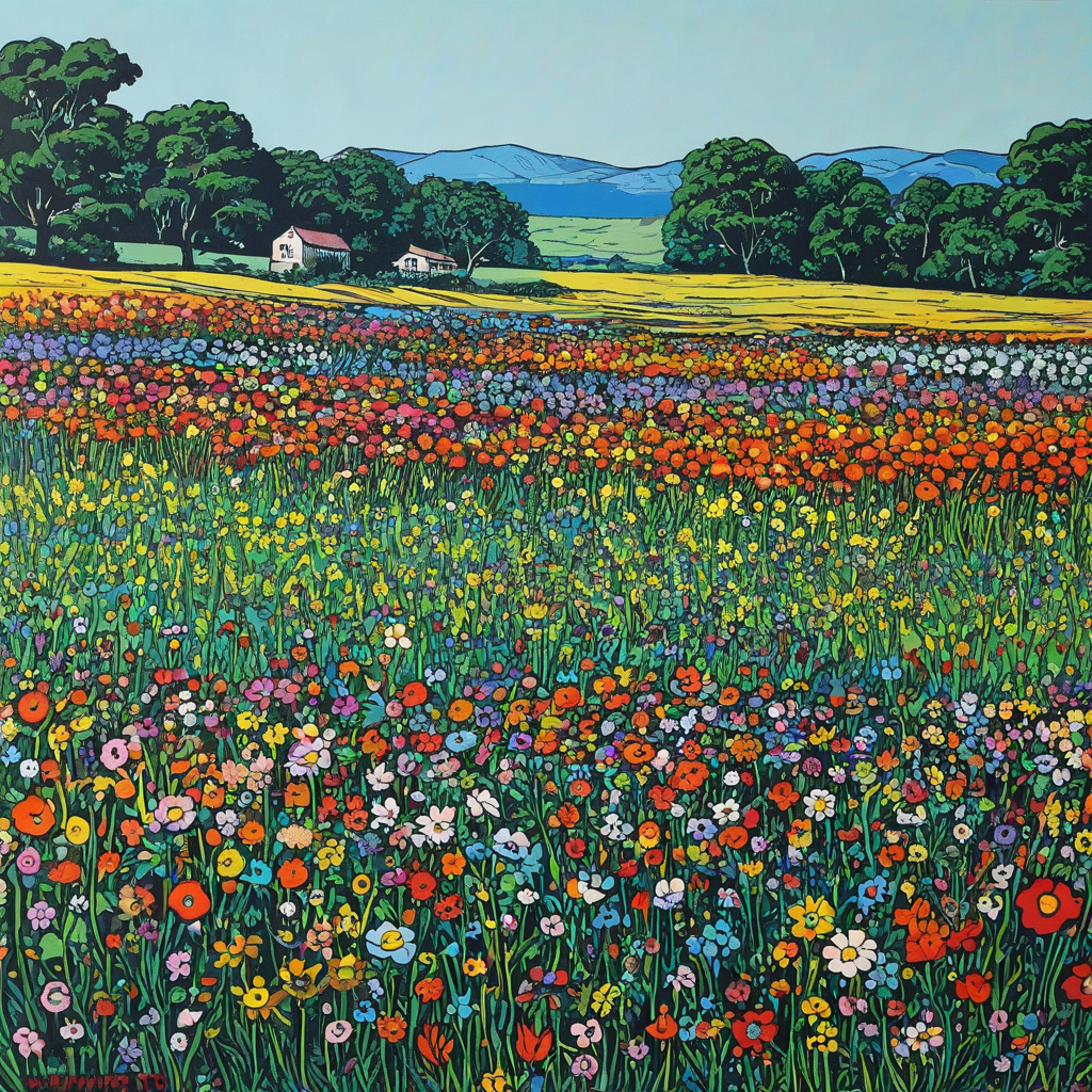 Pop art painting of a field of flowers