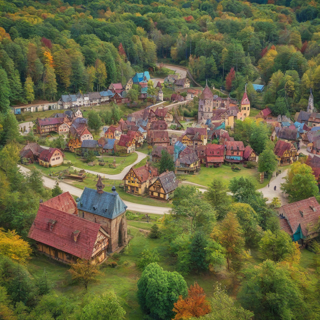 Renaissance era village in the forest in jewel tone colors, full-body view, wide shot
