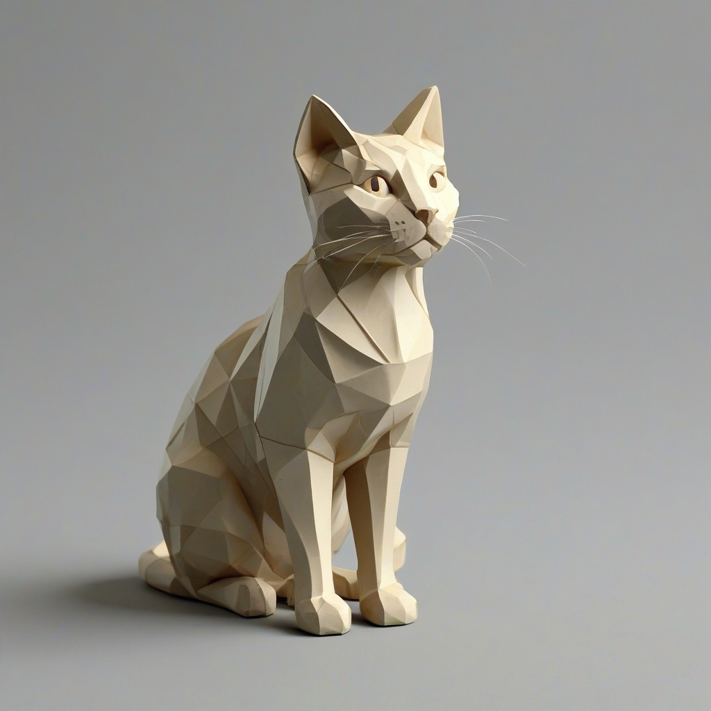 low-poly, beige colored, clay, sculpted cat, on a plain white background, even lighting