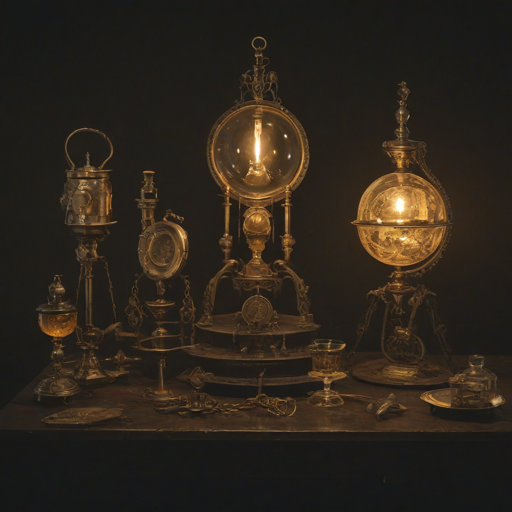 A detailed, wide shot of a vintage, mystical, scientific equipment, with amber-colored glassware and brass fixtures, set against a dark, ominous background with a sense of foreboding, on a plain white background, in a dark fantasy style, with intricate details and mysterious symbols etched into the equipment, illuminated by a soft, warm, golden light, with deep shadows and a sense of aged, worn, leather-bound tomes and strange, arcane artifacts surrounding the equipment