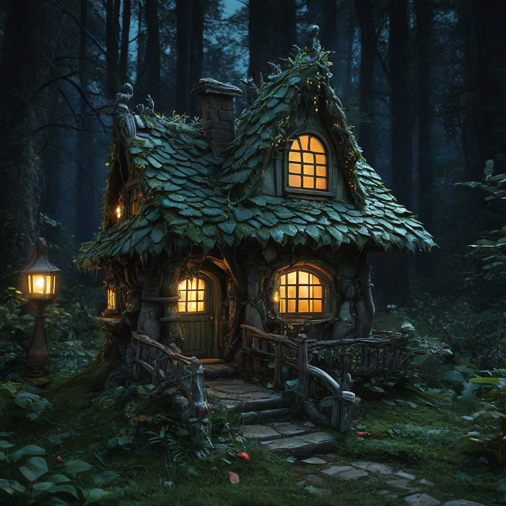 a realistic fairy house in the woods at night
