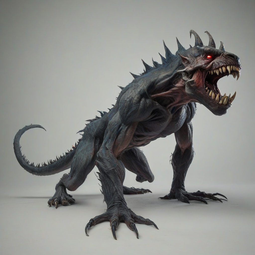 A large hulking quadrupedal monster with large claws and sharp fangs and a long tail, in a wide shot, full-body view, with its feet visible, on a plain white background, with a dark and ominous atmosphere, and a sense of foreboding, in a fantasy art style with bold lines and vibrant colors, on a plain white background, even lighting 