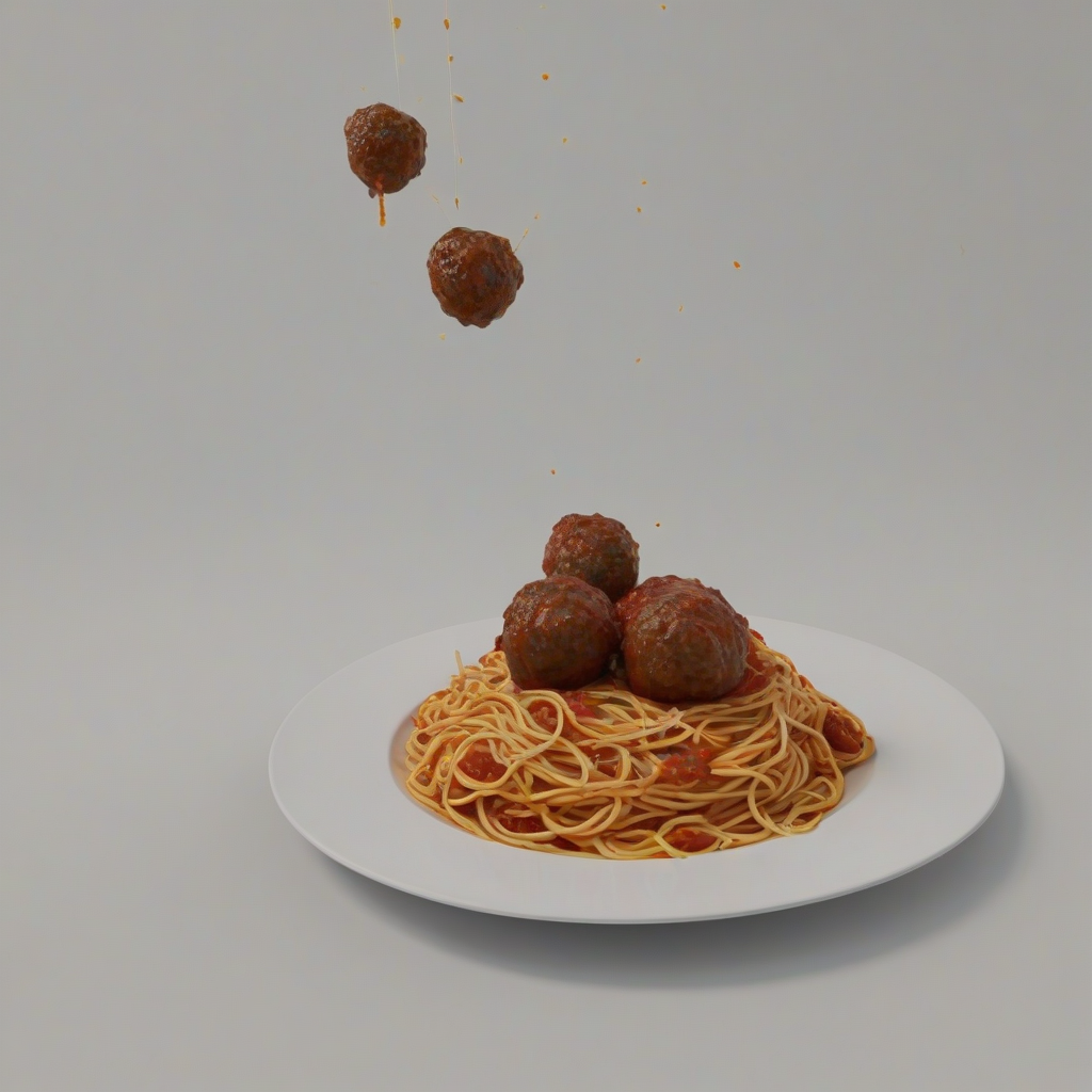 A plate of spaghetti and meatballs in a 3D animation style, with vibrant colors and exaggerated textures, full-body view, on a plain white background, with a wide-angle shot, and dynamic lighting, on a plain white background, even lighting 