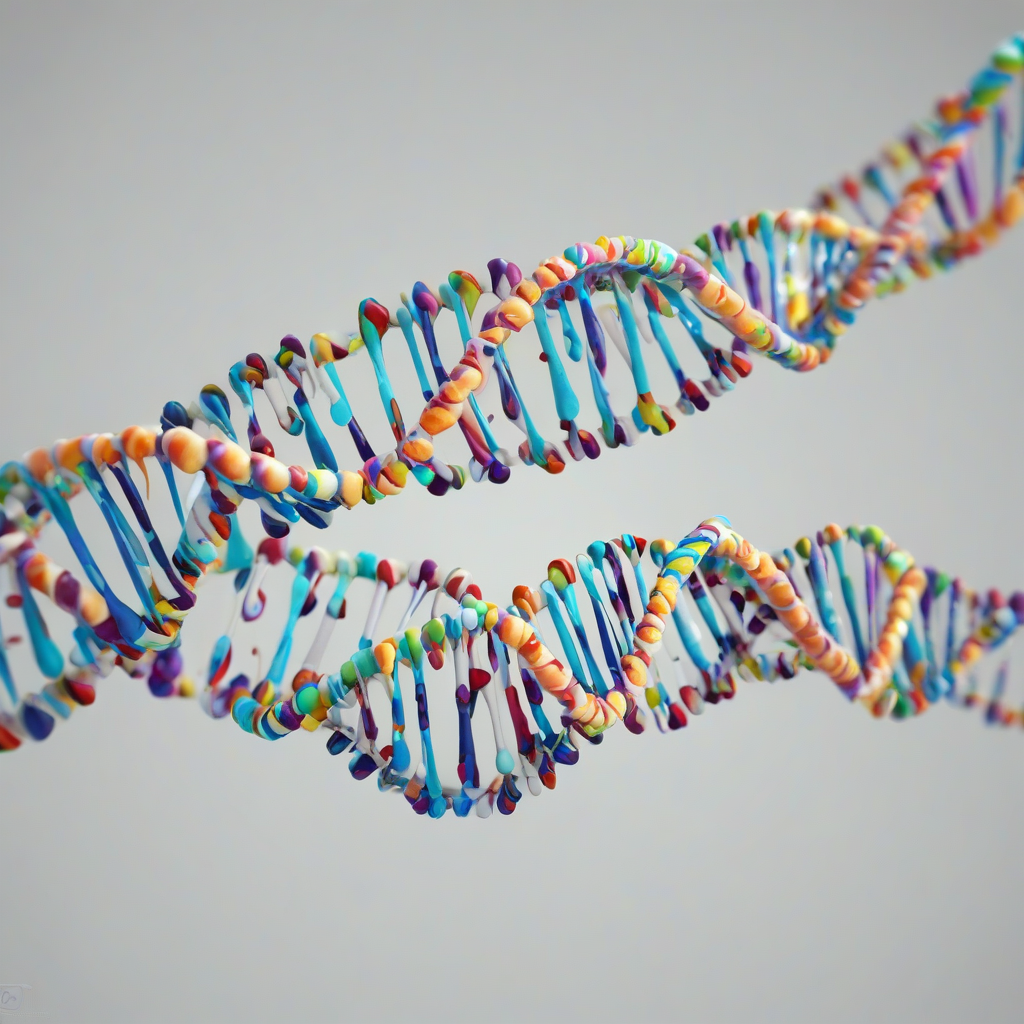 A detailed, full-body view of a long, twisted strand of DNA, with a wide shot, on a plain white background, in a digital art style with vibrant colors and dynamic shadows, with the DNA double helix structure clearly visible, and the nucleotide bases and sugar-phosphate backbone visible in the foreground, on a plain white background, even lighting 