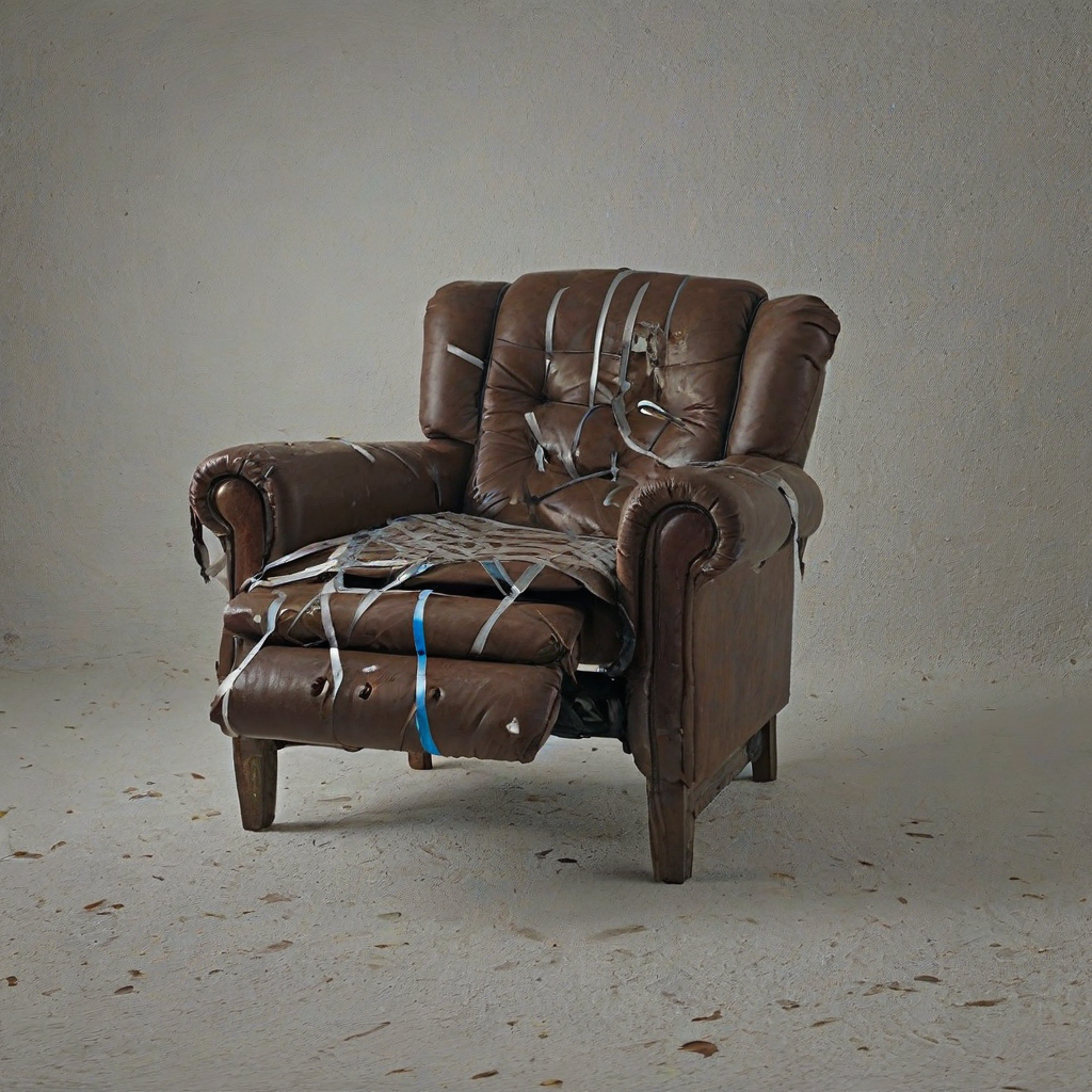 old brown, leather recliner chair, with duct tape covering holes, with rips in the leather, bright lighting,, on a plain white background, even lighting