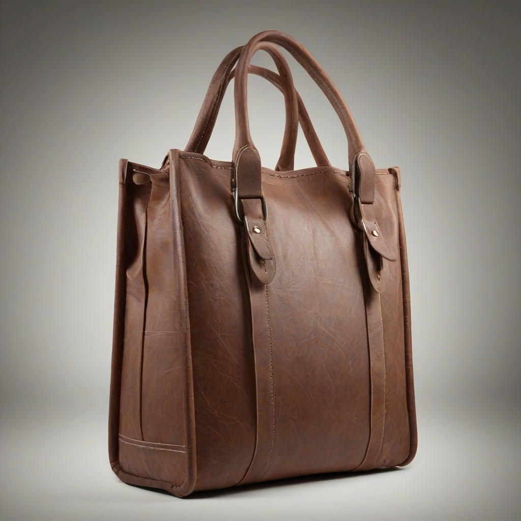 A high-quality, full-body view of a brown leather carrier bag with a classic design, made from thick, genuine leather, having a sturdy handle and a secure zipper closure, on a plain white background, with soft, natural lighting and subtle shadows, in a wide shot, with the bag's texture and details clearly visible, in a digital art style, with a mix of earthy tones and a slight vintage feel, on a plain white background, even lighting 