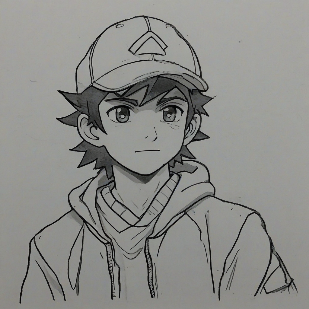 hand -drawn, anime style, Ash Ketchum, on a plain white background, even lighting