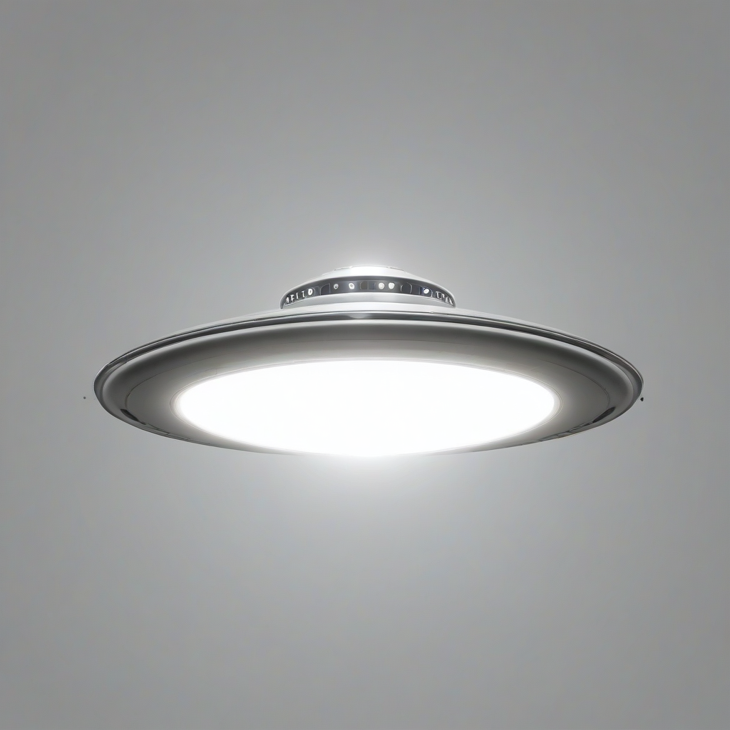 A round UFO with bright, pulsing lights around the outer edge, full-body view, wide shot, on a plain white background, with a metallic sheen and a slight glow effect, digital art style, on a plain white background, even lighting 