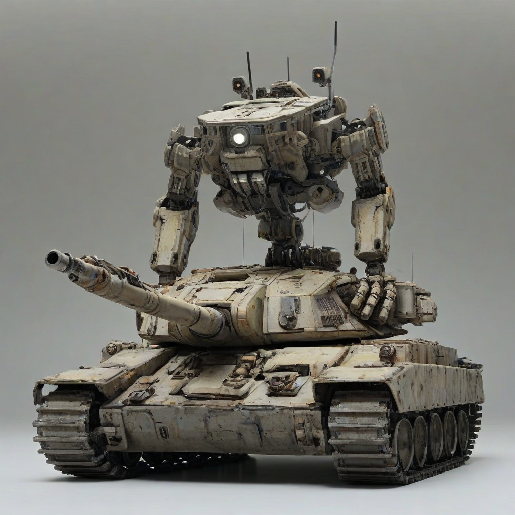 A post-apocalyptic tank with the upper body of a mech on top of the tank, with bright lighting, wide-angle shot, full body visible, on a plain white background, even lighting