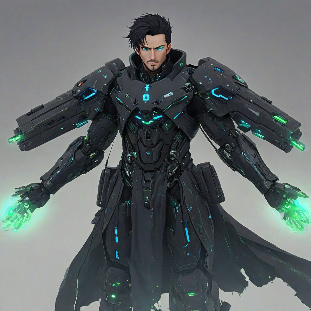 Digital anime man wearing a futuristic black mech suit, the suit has small green lights on it, the suit also has large guns mounted on the shoulders, the man has black hair and bright blue eyes and a sly smirk, he is wearing a tattered and flowing black cape with skull designs on the inner side