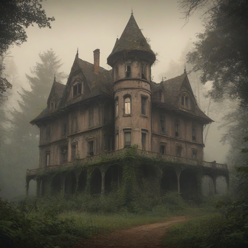 A grand, abandoned mansion with overgrown gardens and a crumbling facade, surrounded by dense woods with tall trees and winding vines, in a wide shot with a misty atmosphere, in the style of a digital painting with warm, muted colors and soft lighting