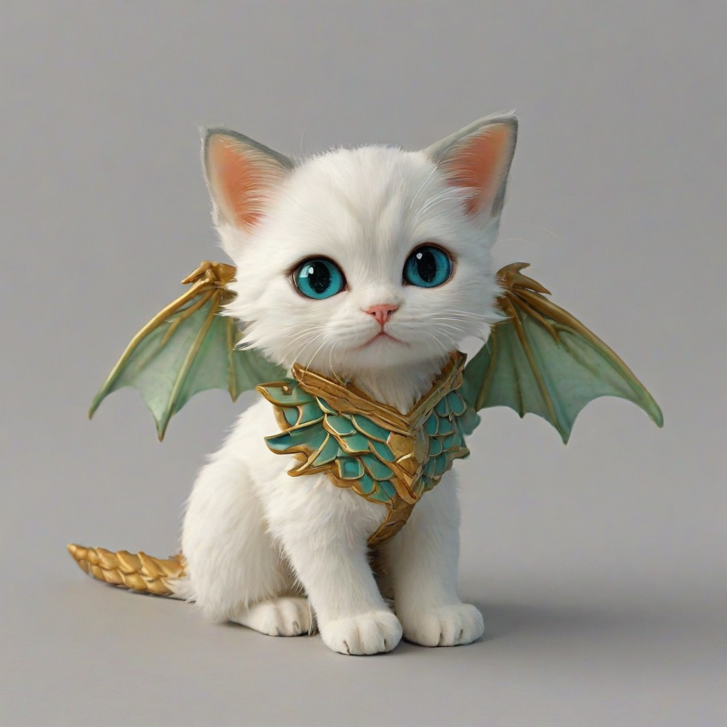 chibi style kitten with dragon wings, on a plain white background, even lighting