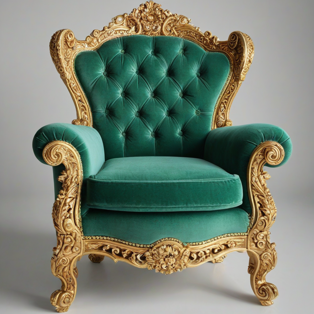 A intricately carved, Emerald green, Renaissance-style armchair with gold accents, in a full-body view, on a plain white background, with soft, warm lighting and a slight sheen to the upholstery, in the style of a digital illustration, on a plain white background, even lighting