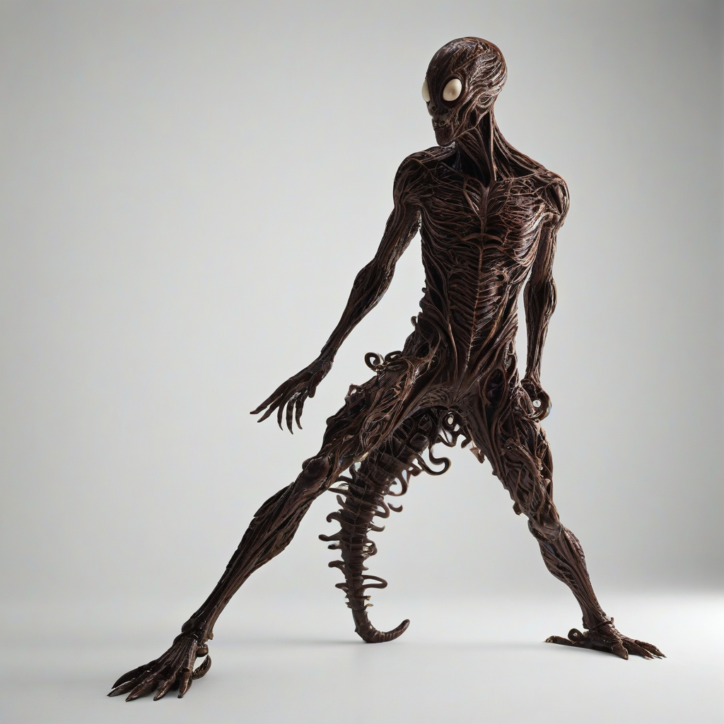 A dark, gothic, full-body view of an alien parasite made entirely of chocolate, with intricate, swirling patterns and shapes, set against a plain white background, with a sense of foreboding and mystery, in a wide-angle shot, with dramatic lighting and dynamic shadows, on a plain white background, even lighting