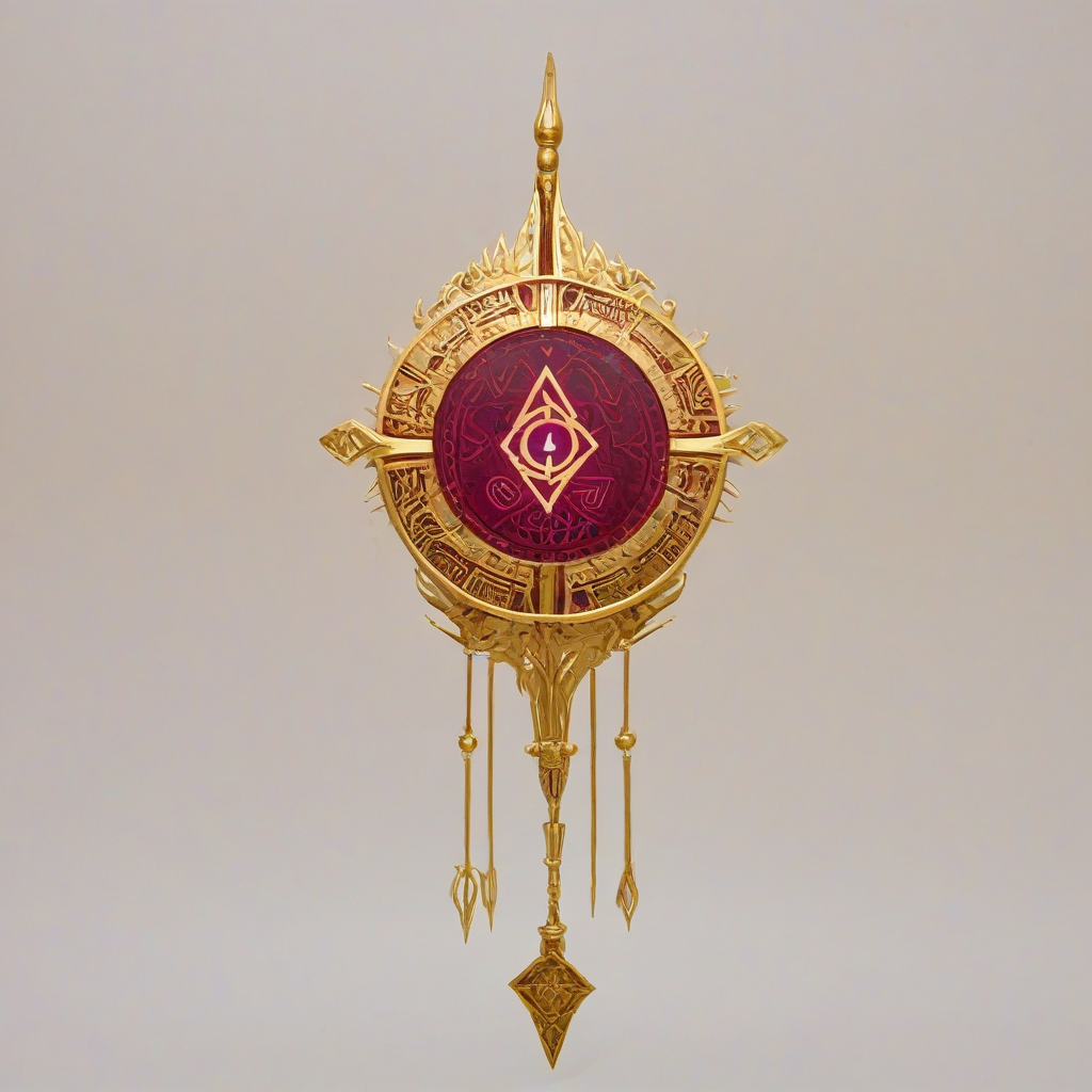 A highly detailed, full-body view, wide shot, of a magical artifact with a burgundy glow, intricate golden details, and mystical runes etched into its surface, set against a plain white background, in an anime style, with vibrant colors and dynamic shading, and a sense of ancient power emanating from it, on a plain white background, even lighting 