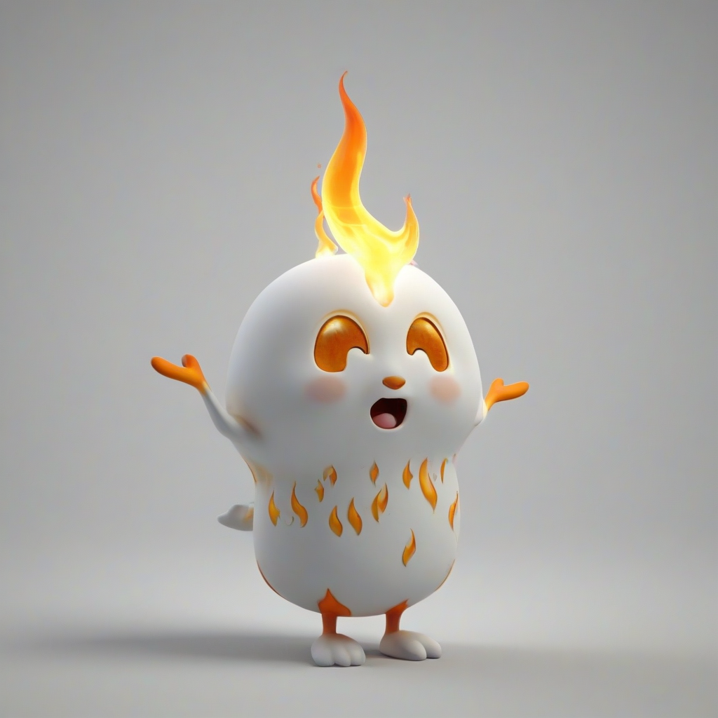 3d animation cartoon of cute flame spirit, cute, small features, rounded features, sweet expression on its face, on a plain white background, even lighting