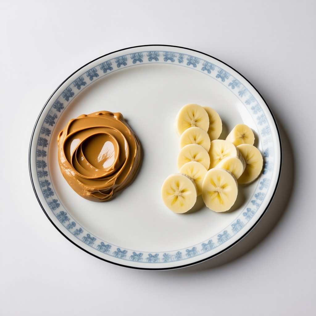 A china platter with a dollop of peanut butter on one side and a pile of banana slices on the other side