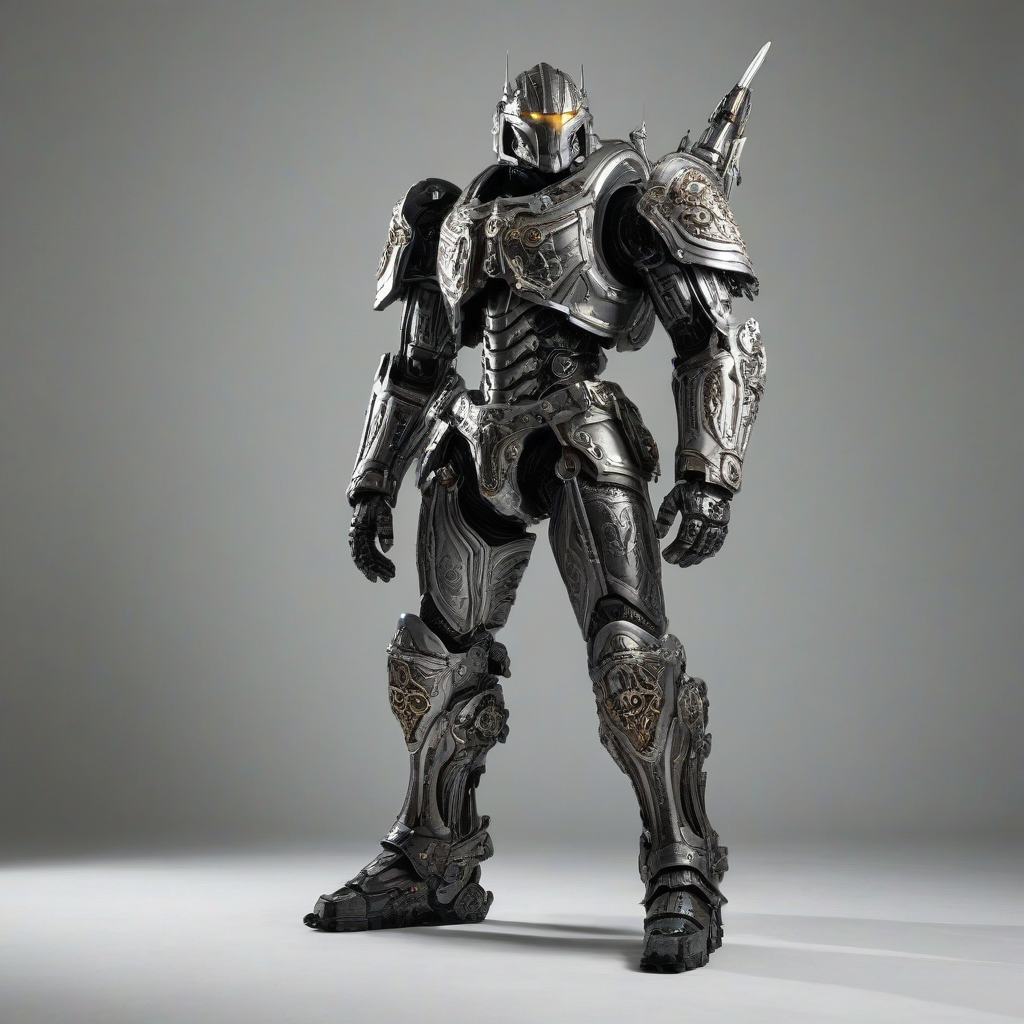 A full-body view of a medieval-themed mech suit, with a charcoal grey and silver color scheme, intricate engravings and details, standing on a plain white background, with a wide-angle shot, and dramatic lighting with dynamic shadows, on a plain white background, even lighting