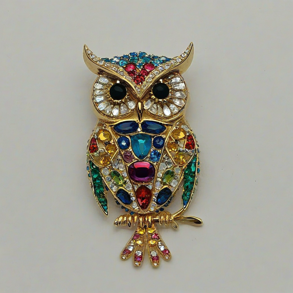 colorful, jeweled owl brooch, on a plain white background, even lighting