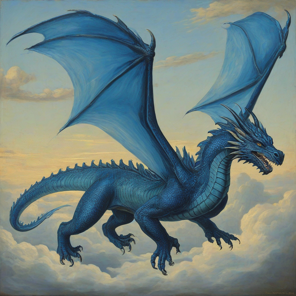 Renaissance painting of a blue dragon flying through the blue, open, sky
