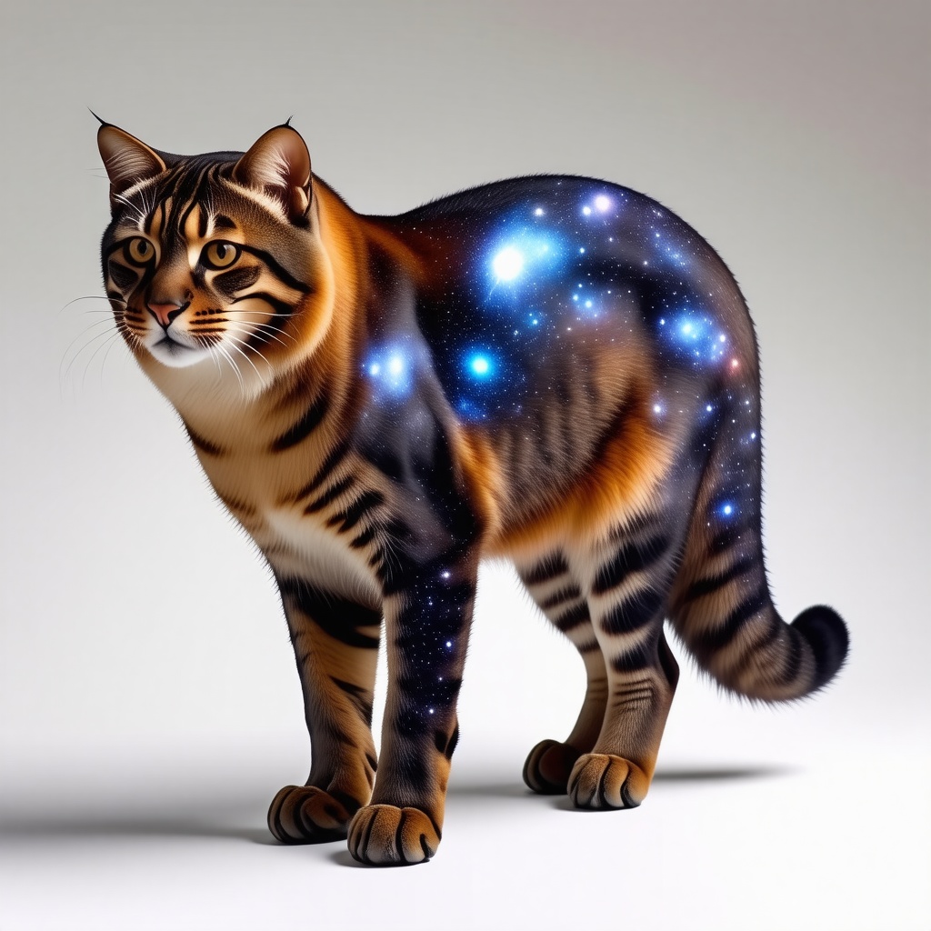 Big cat like creature with fur that looks like a galaxy with a fluffy, but flat tail y
