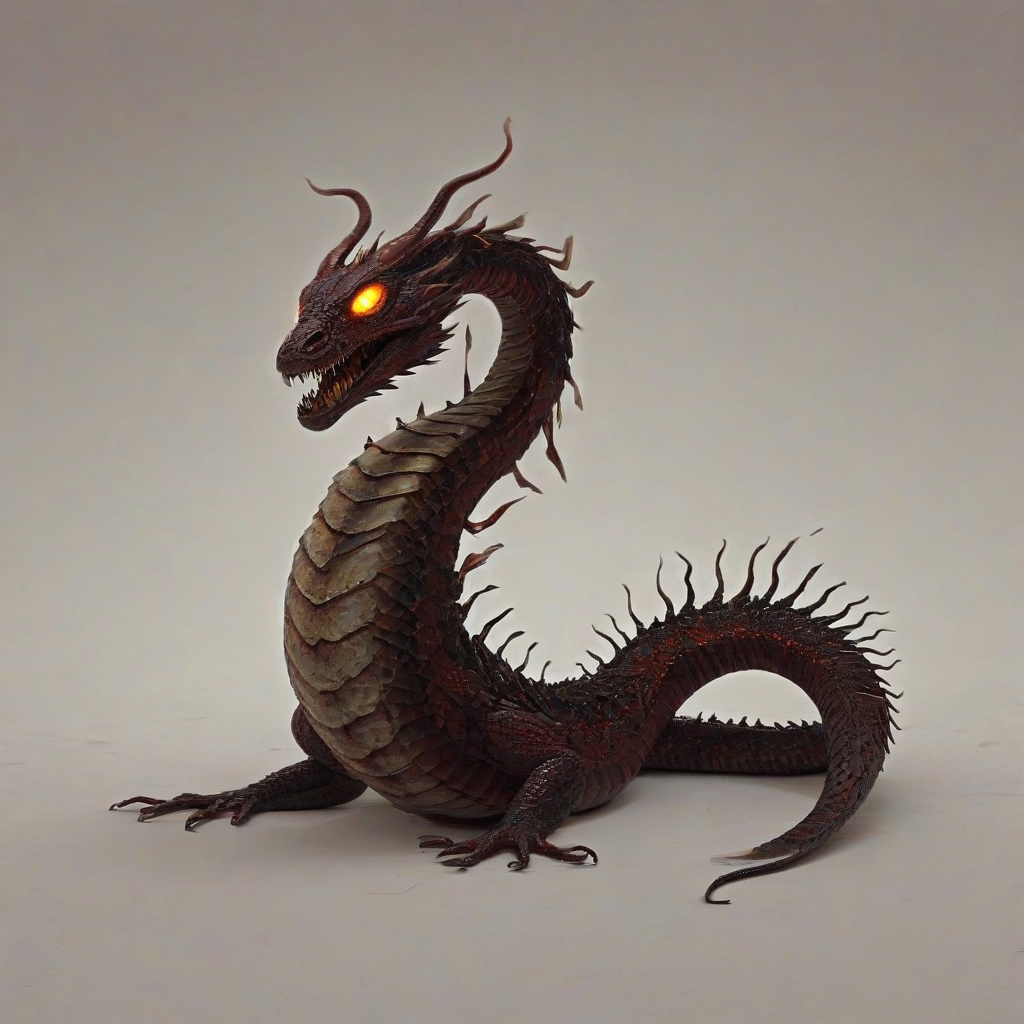 A terrifying, horror fantasy serpent monster, with scales dark burgundy and brown colors, eyes that glow like embers, and a body that seems to shift and writhe like a living shadow, set against a plain white background, in a wide shot with its full body visible, including its feet, ominous and mystical illustration style, with bold lines, and vibrant, eerie colors, with bright lighting, on a plain white background, even lighting