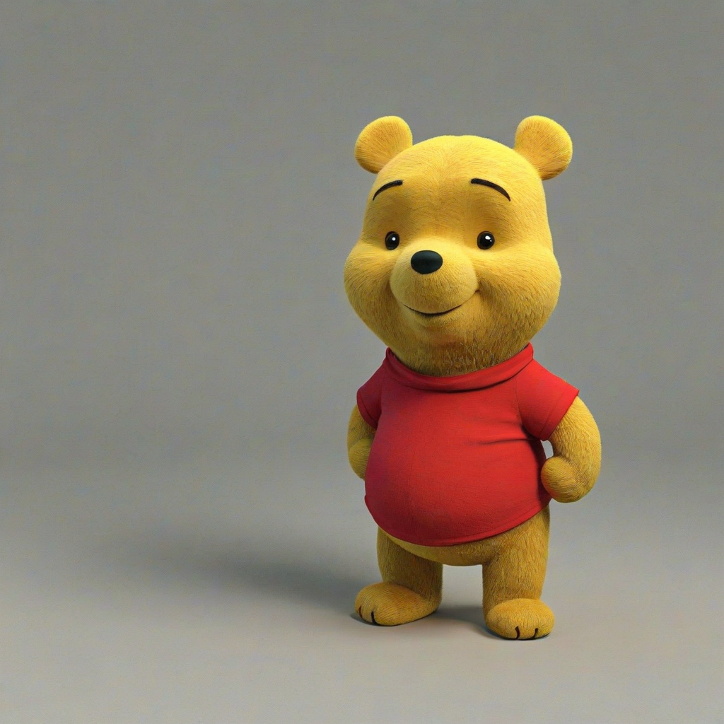Winnie the Pooh wearing a short, red t-shirt, in a 3D cartoon style, on a plain white background with even lighting