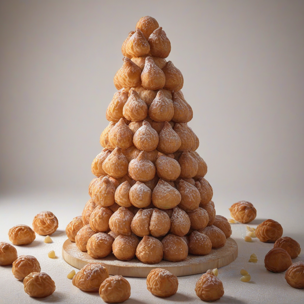 A traditional French croquembouche, tall and elaborate, made of profiteroles piled high with caramel and decorated with spun sugar, on a plain white background, in a wide shot with the entire structure visible, in the style of a beautiful still life painting, with soft, warm lighting and delicate shadows