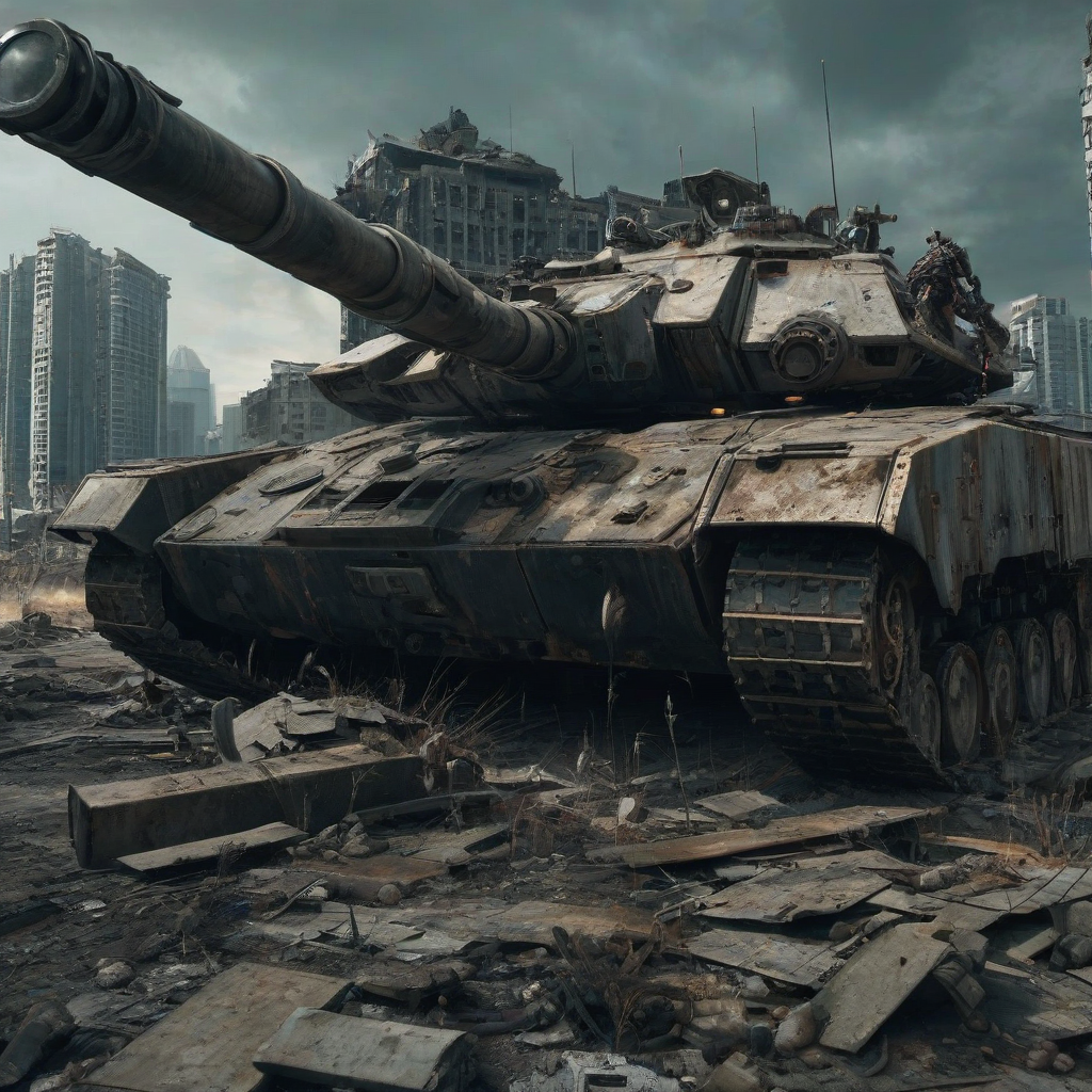 A post-apocalyptic tank with the upper body of a mech on top of the tank, with bright lighting, wide-angle shot, from the waist up, on a ruined cityscape background with a sunken skyscraper in the distance