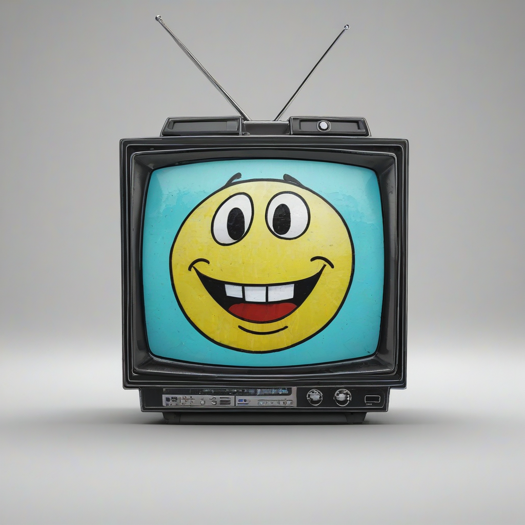 A vibrant, hand-drawn cartoon of a television set with a bright, colorful smiley face on the screen, situated on a plain white background with even lighting
