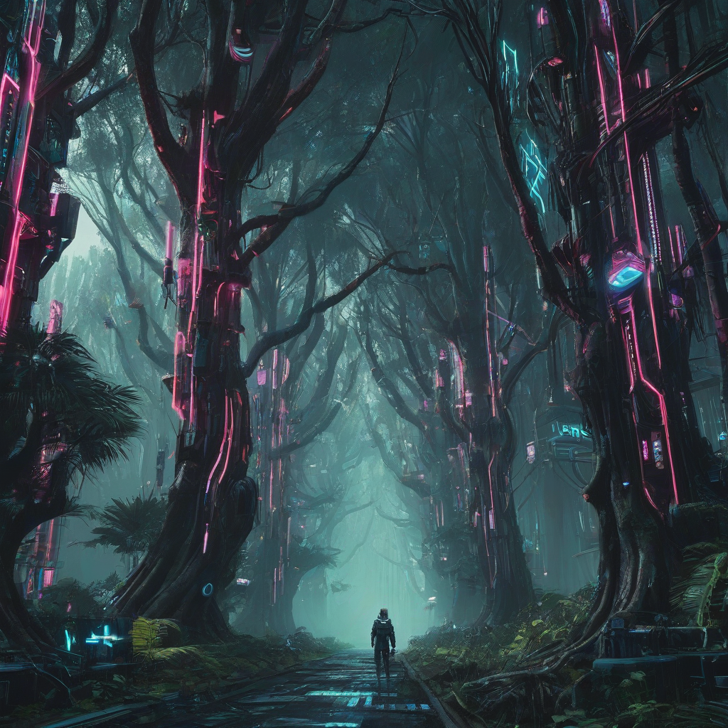 cyberpunk forest with cybernetic trees