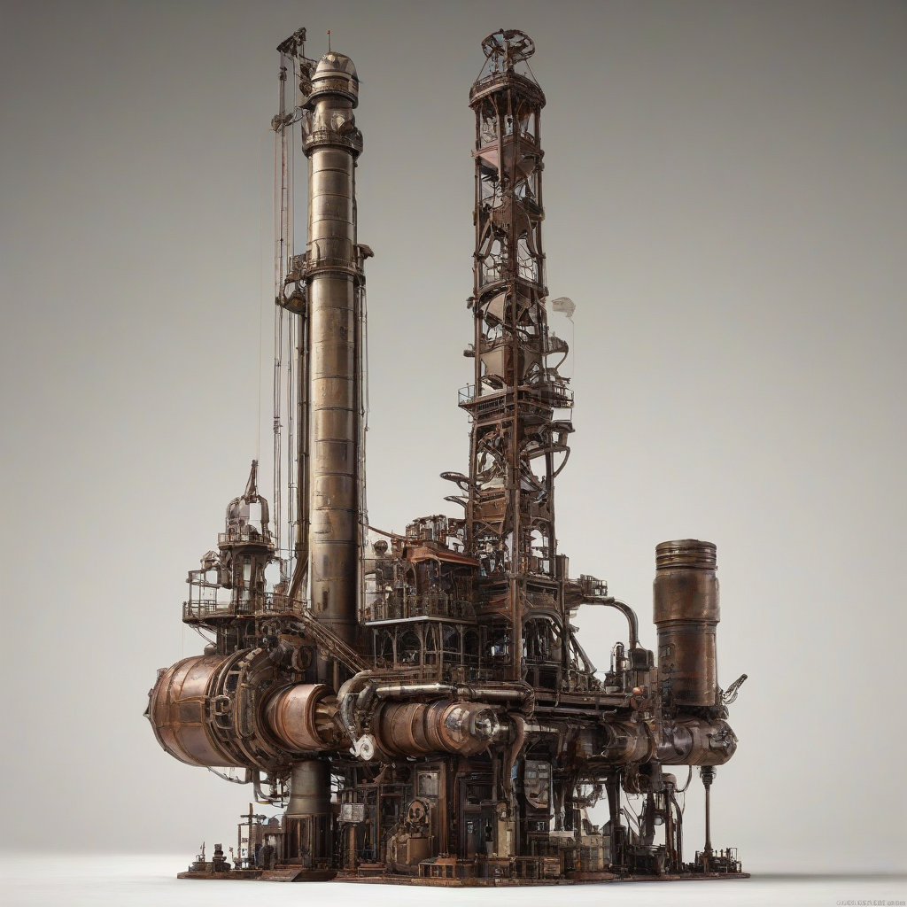 A pump oil rig in a dieselpunk style, with a mix of industrial and vintage elements, set against a plain white background, in a wide shot with the entire rig visible, featuring a dominant brown and metallic color scheme, with intricate details and textures, and a sense of nostalgia and retro-futurism, full-body view, with the rig's machinery and pipes prominently displayed, on a plain white background, even lighting 