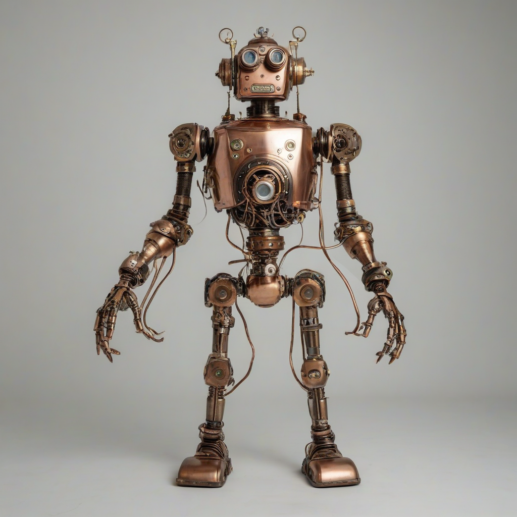 Steampunk robot, full-body view, brass body, copper wires, goggles, wide shot, plain white background, on a plain white background, even lighting 