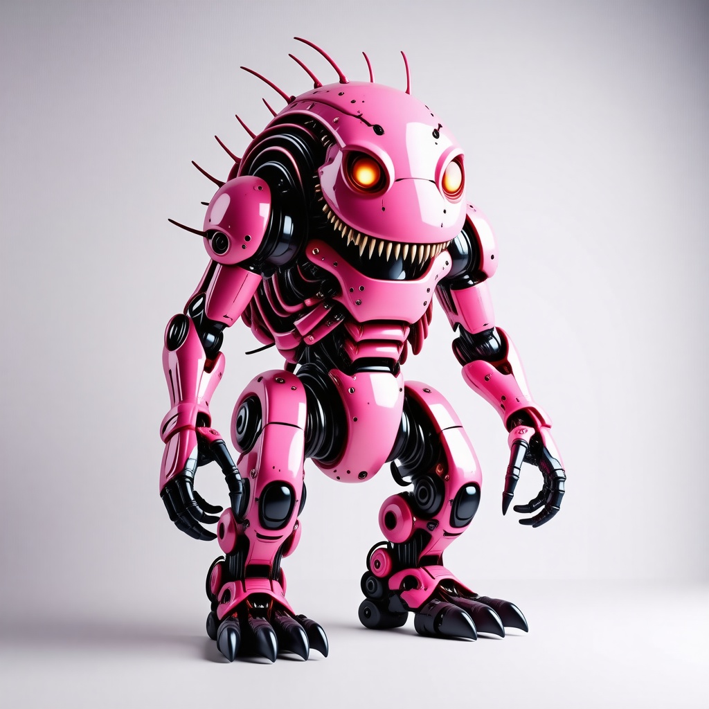 A large, pink, industrial monster with metallic scales and glowing red eyes, standing in a wide shot with its feet visible, set against a plain white background, in a digital art style with dynamic shadows and a hard rim light