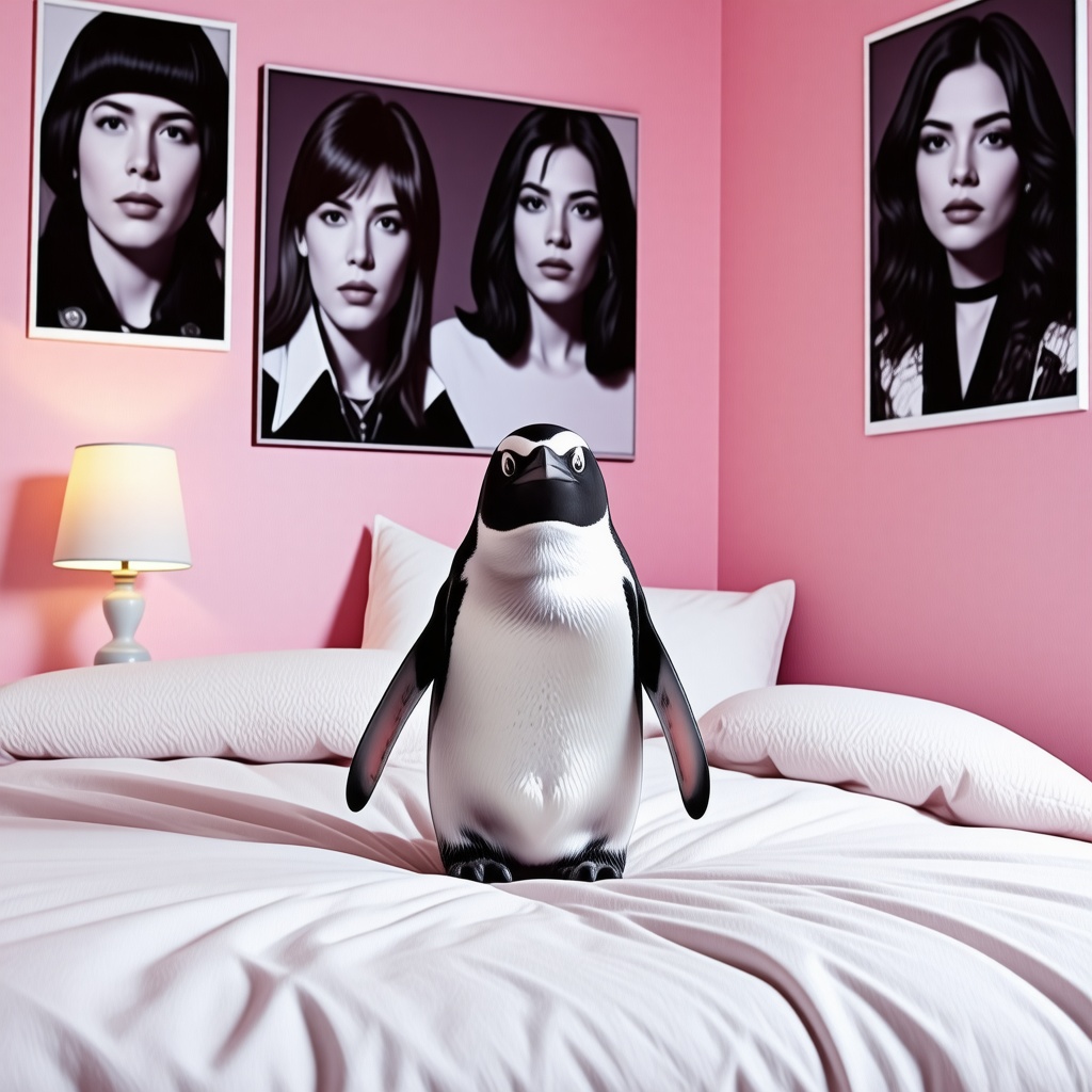 A surprised penguin in a bedroom with pink walls, posters of famous singers on the walls, a bed with a fluffy white duvet, and a small desk with a lamp on it. The penguin stands in the middle of the room looking baffled.